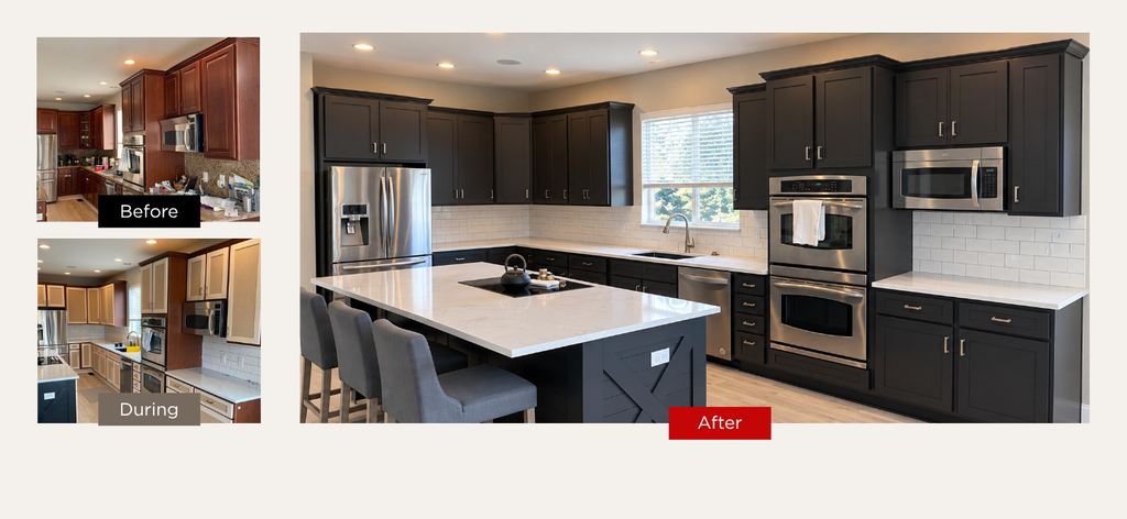 Cabinet door replacement showing an updated kitchen with new cabinet doors and refreshed hardware while keeping the existing cabinet layout.